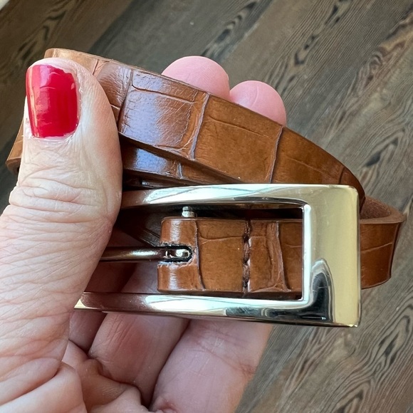 Accessories - Genuine Leather Croc Print brown skinny belt silver rectangle buckle size large